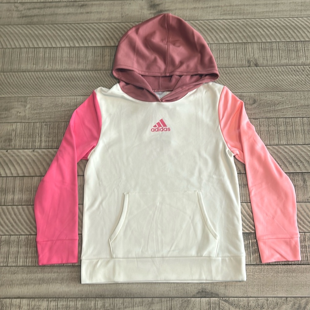 Girls adidas size large (14) pink and white hoodie